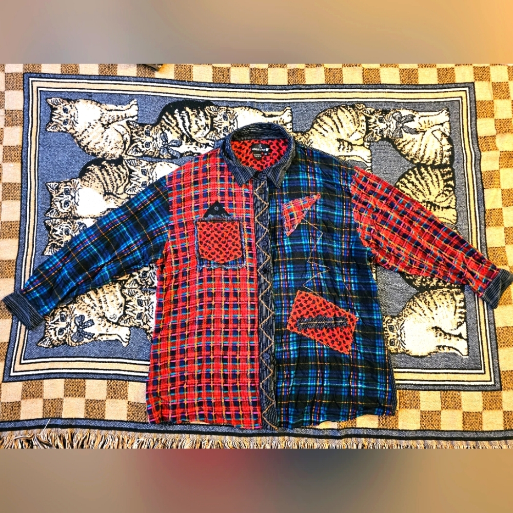 Carole Little vintage button-down top patchwork mix print multicolored i7